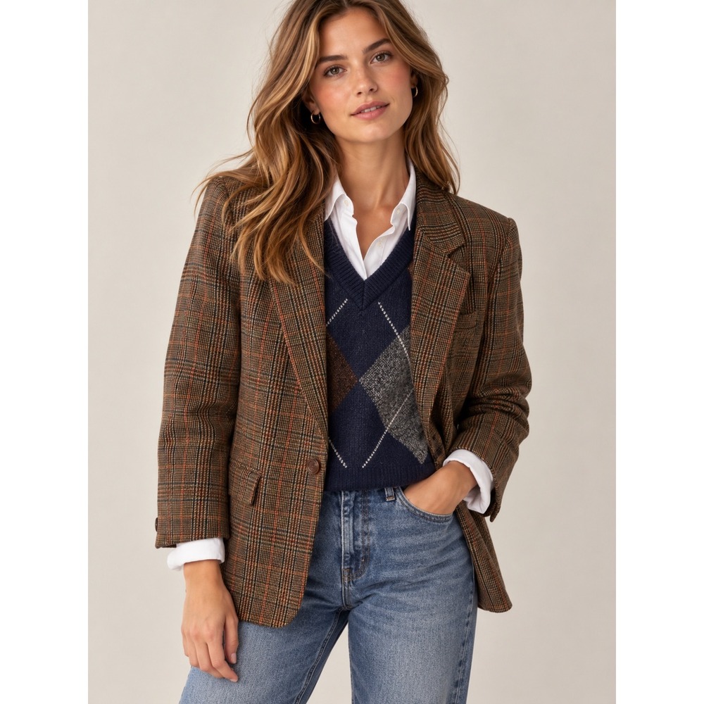 Vintage Sag Harbor Brown Glen Check Fall Academia Wool Blend Blazer, 12